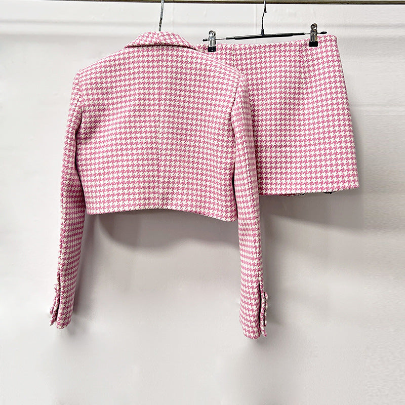 HELEN PINK CHECKED WOOL BLAZER SET