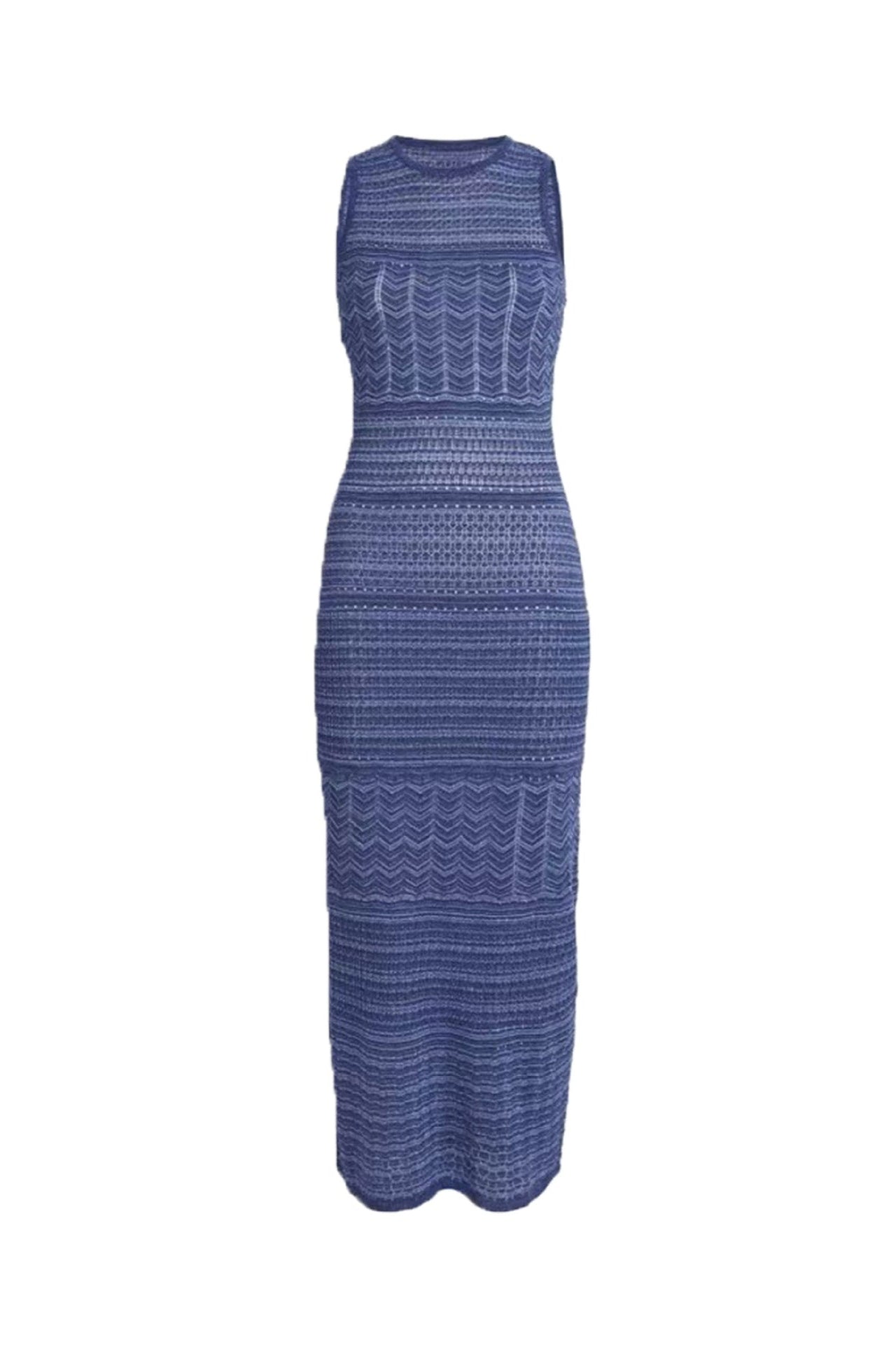 HOLLOW STRIPED SLEEVELESS KNIT MIDI DRESS, ROYAL BLUE