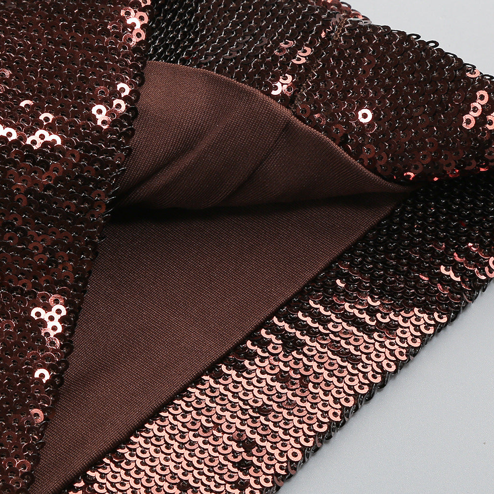 NORA BROWN SEQUIN HALTER FLARED JUMPSUIT