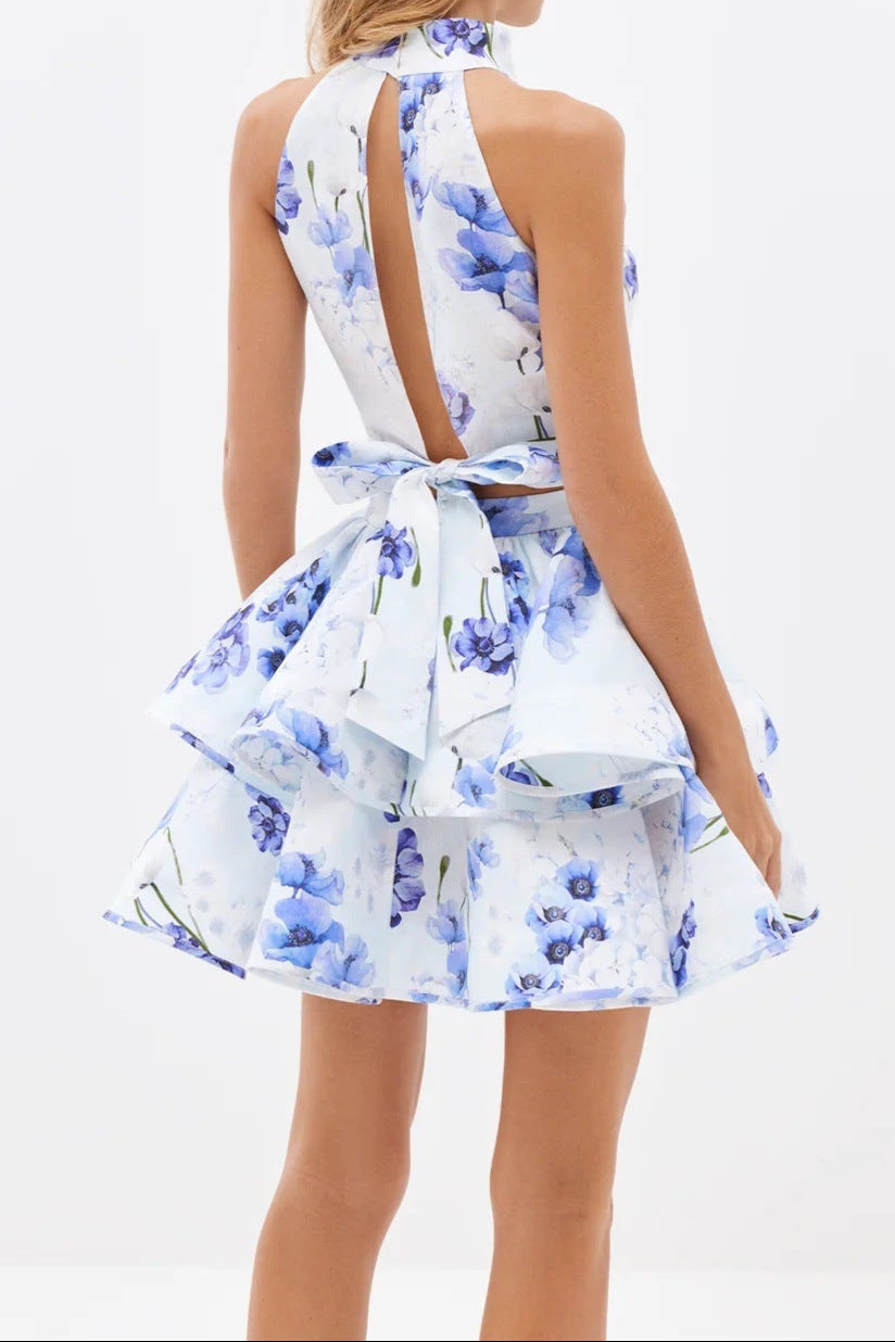 BLUE PRINTED BACKLESS HALTER TOP SKIRT SET