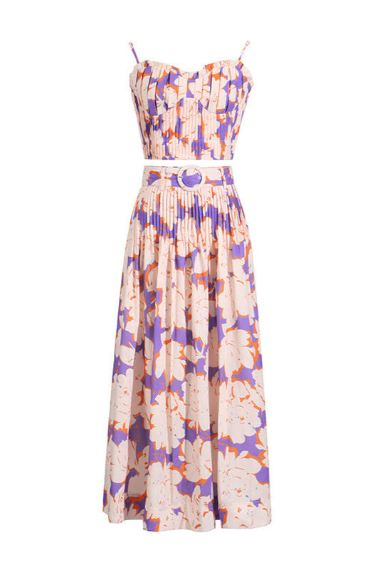 PLEATED FLORAL BUSTIER TOP & SKIRT SET, BLUE, BEACH