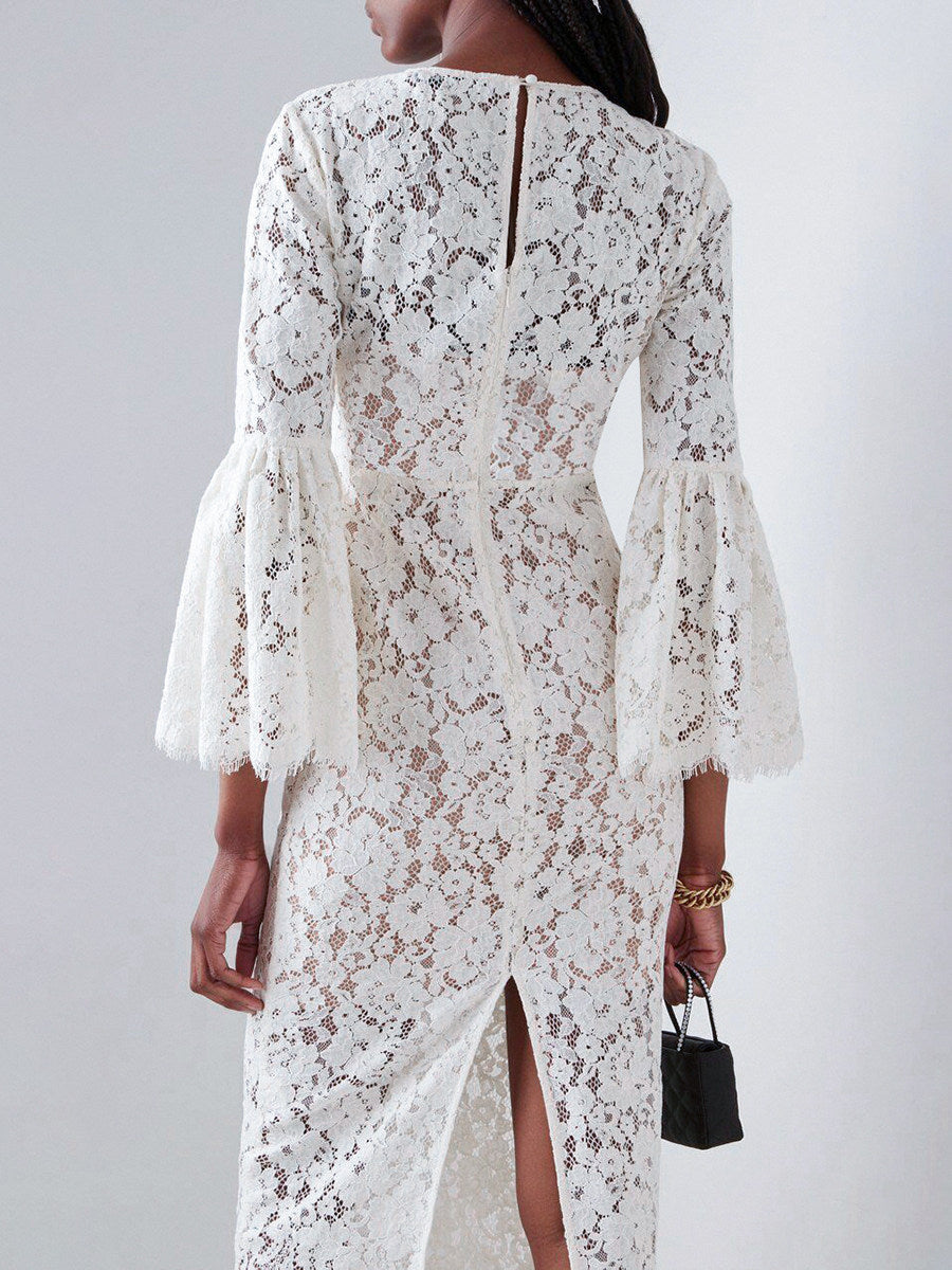 WHITE LACE HOLLOW MIDI DRESS FOR WEDDING