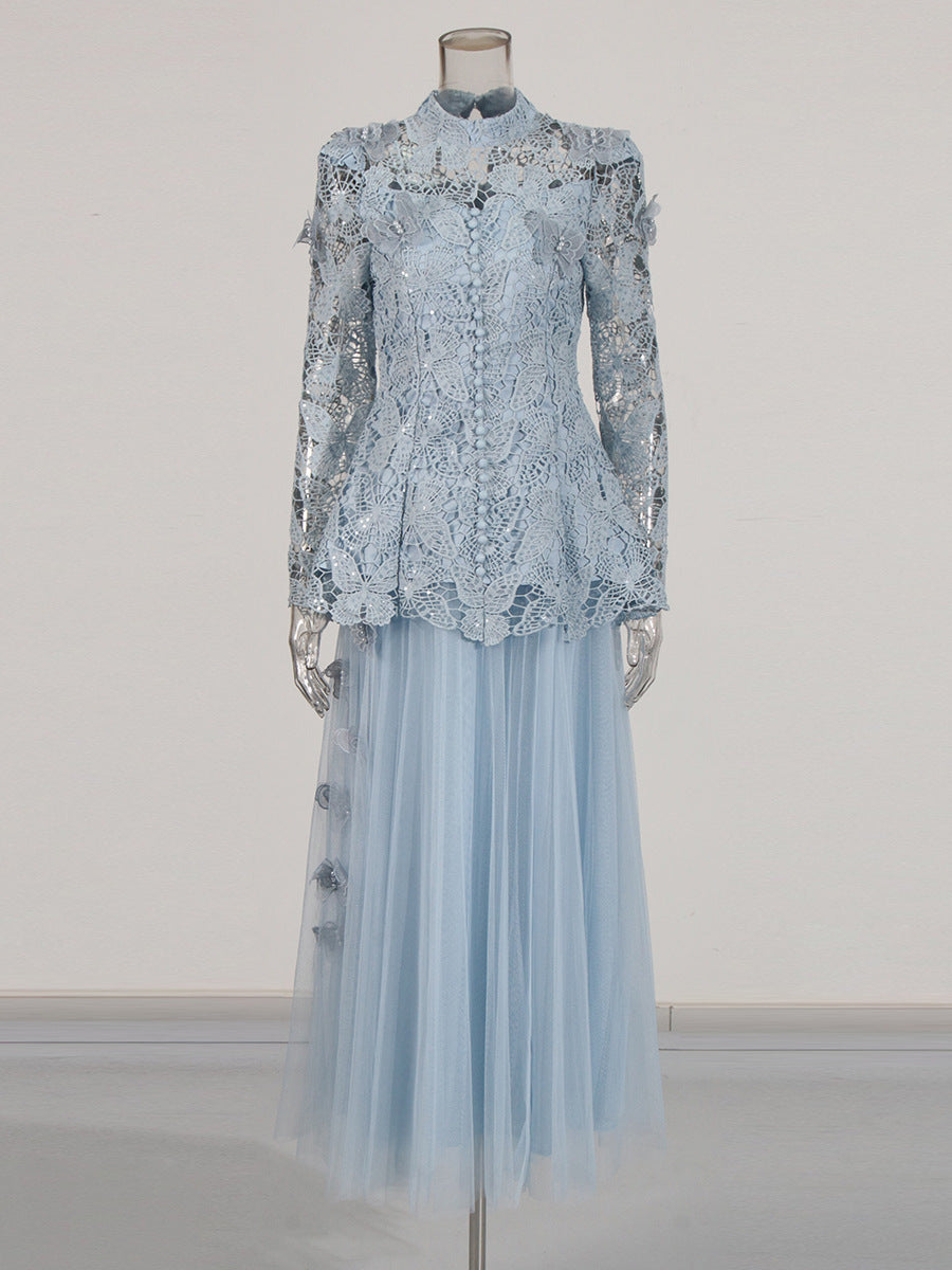 YVETTE BLUE LACE TWO-PIECE SET | LONG SLEEVE BUTTERFLY TOP & SKIRT