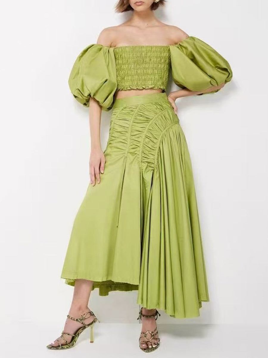 O1CN01B6Eabc1OeOHuaVWR7__2205289861730-0-cib GISELLE OFF-SHOULDER MIDI SKIRT - GREEN DRAWSTRING