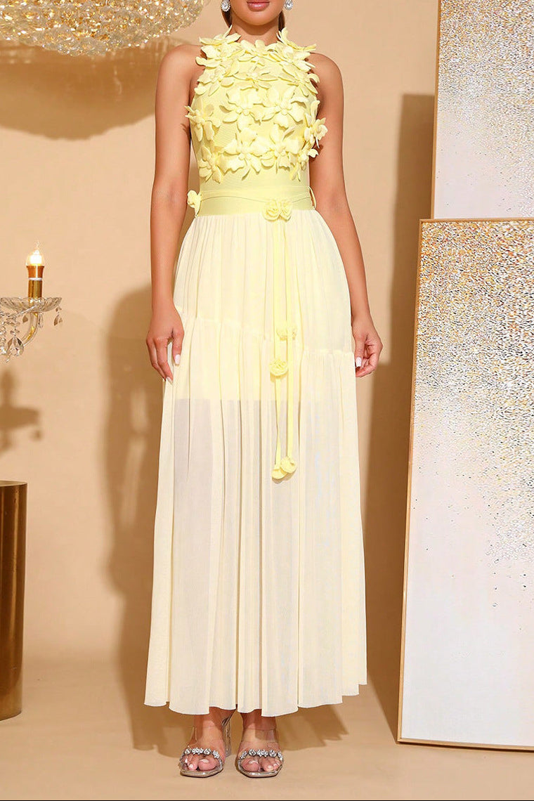 AURORA 3D FLOWER BANDAGE MAXI DRESS YELLOW