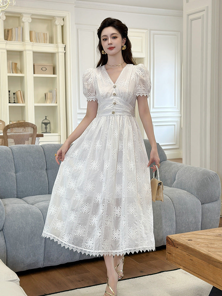WHITE EYELET PUFF SLEEVE MIDI DRESS FOR SUMMER