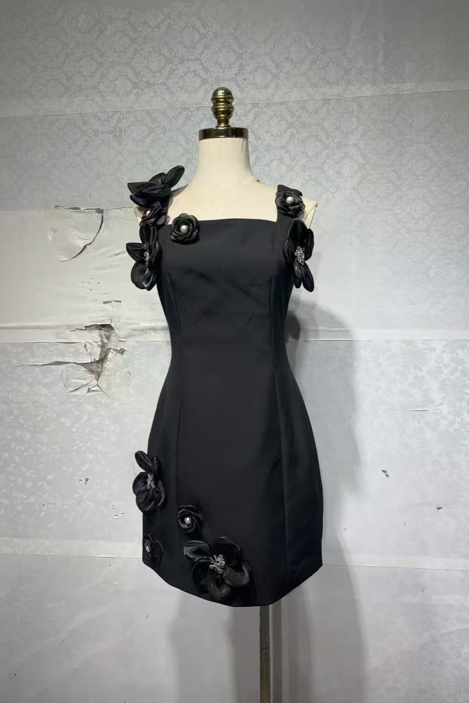 3D FLOWER MINI DRESS, BLACK, PARTY