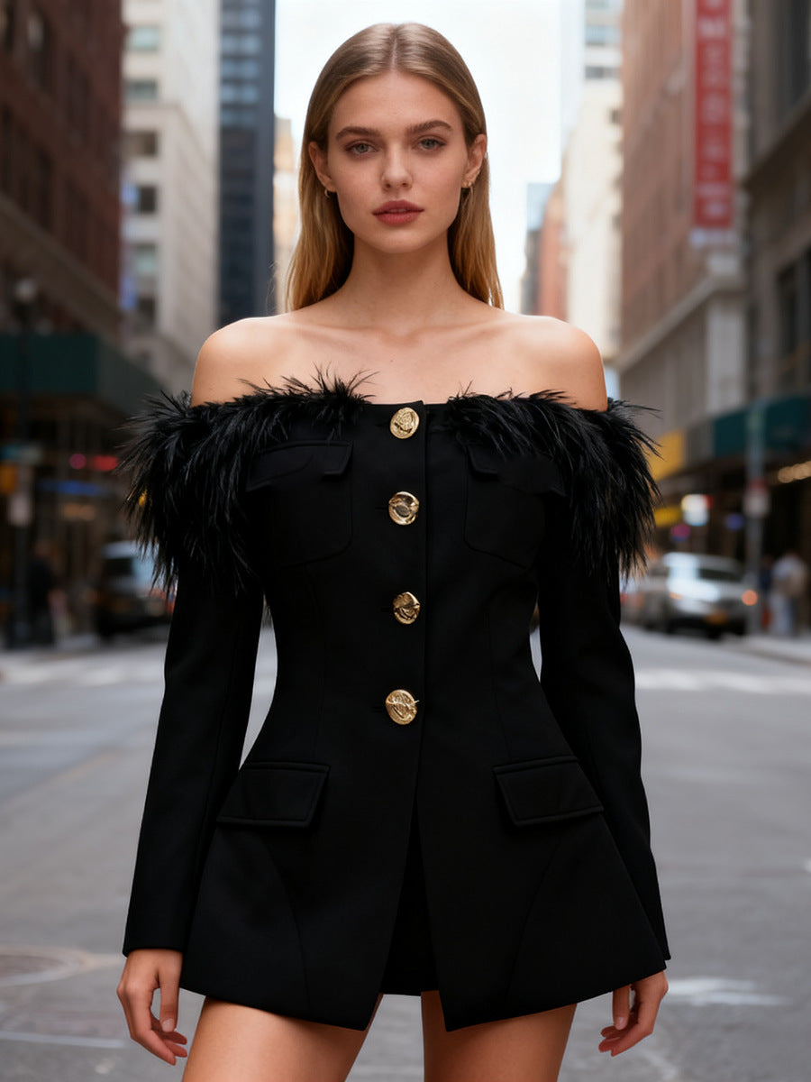BLACK OFF-SHOULDER FEATHER BLAZER MINI DRESS
