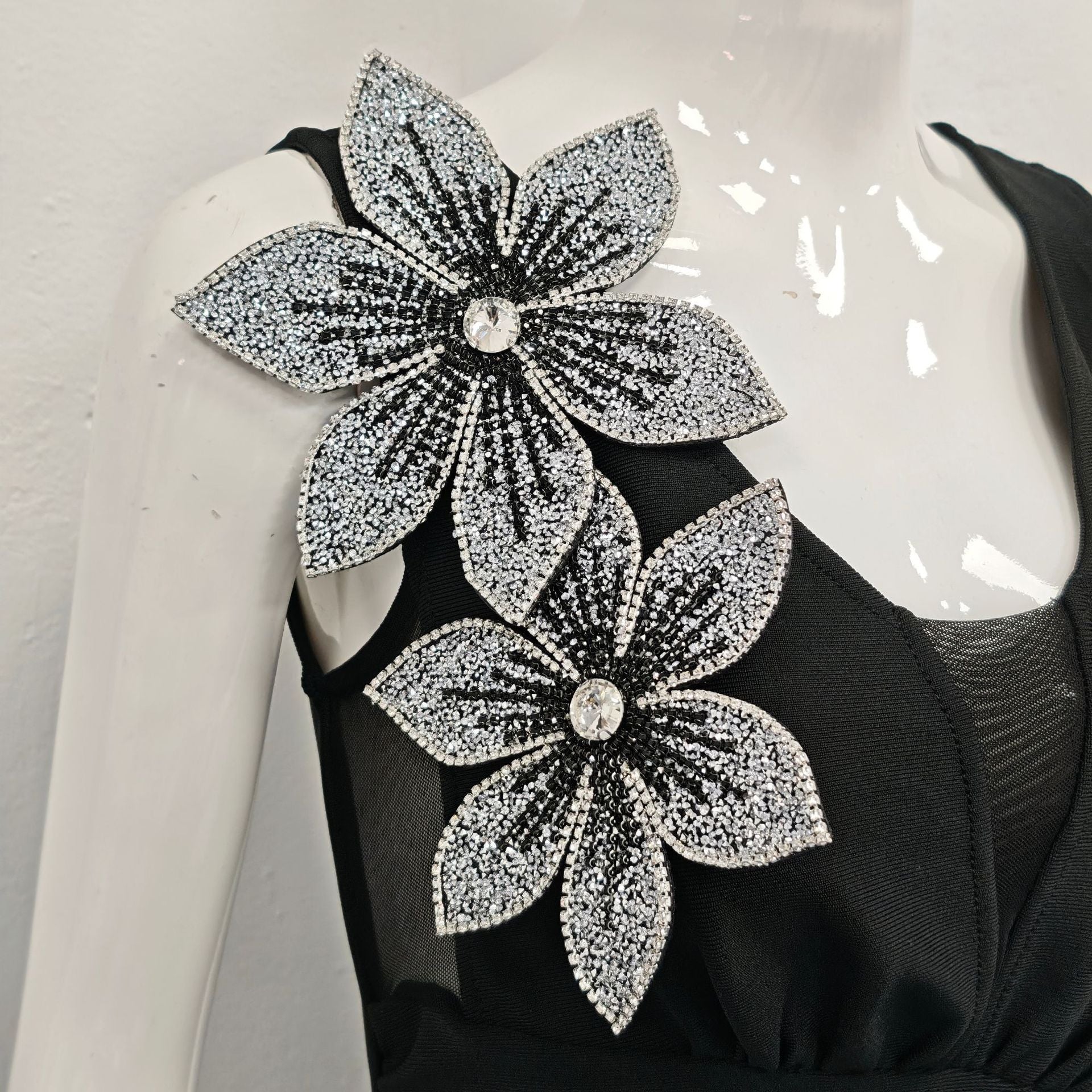 RITA BLACK RHINESTONE FLORAL BODYCON MAXI DRESS