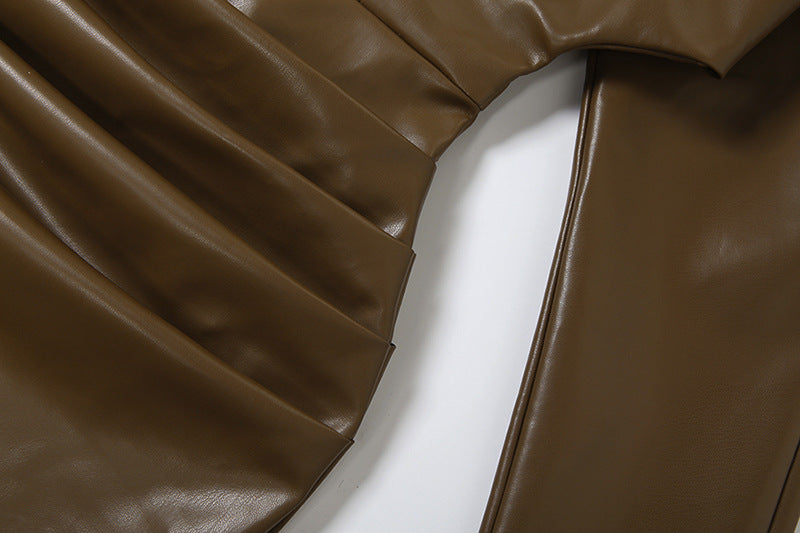 SIBYL ASYMMETRIC LEATHER MINI DRESS BROWN