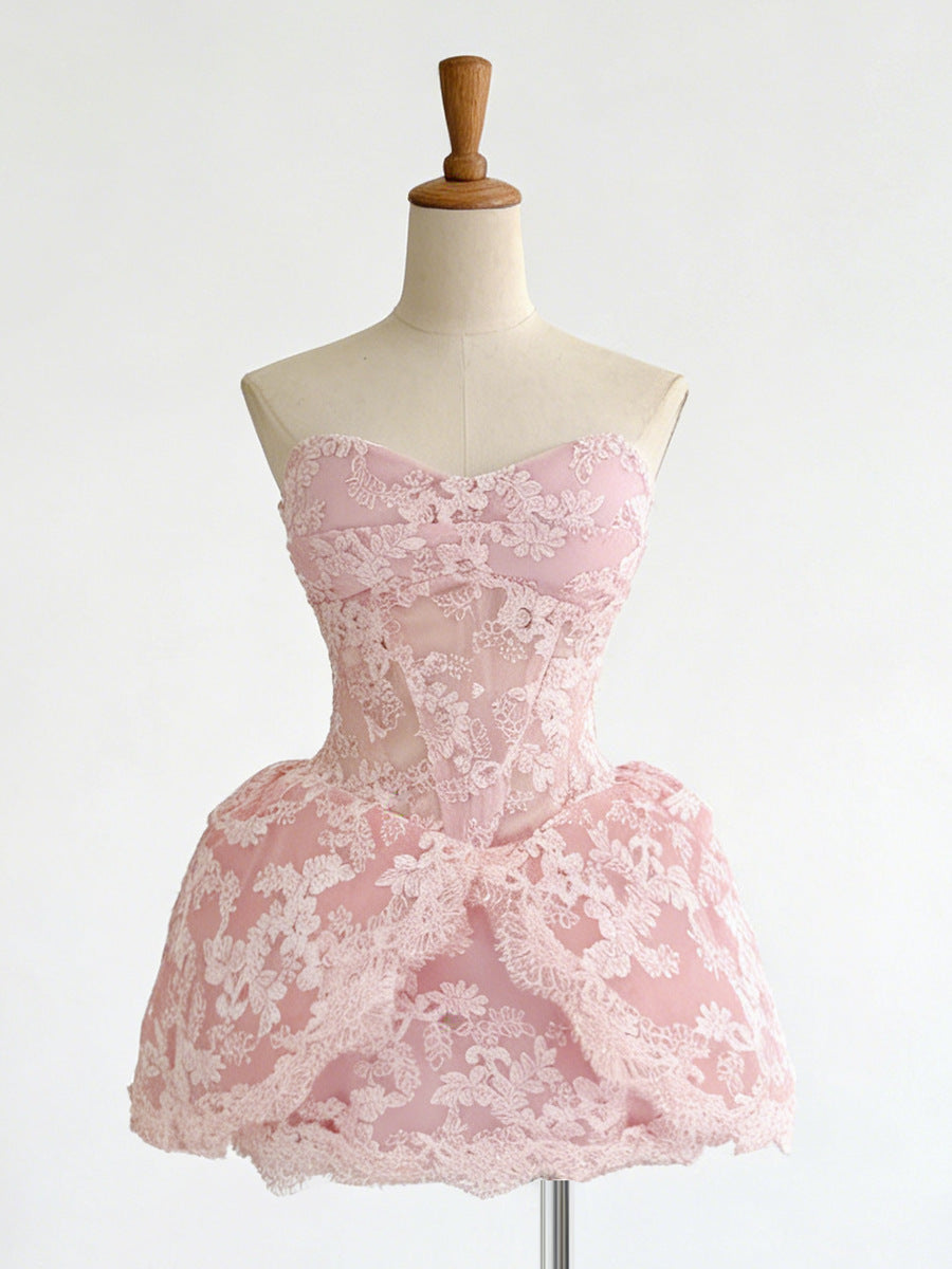 LACE EMBROIDERED BANDEAU MINI DRESS FOR PARTY