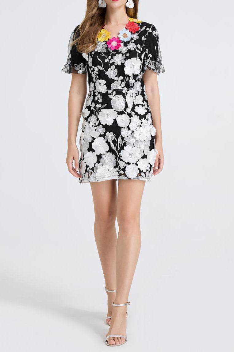 LETITIA 3D FLORAL MINI DRESS - BLACK COCKTAIL