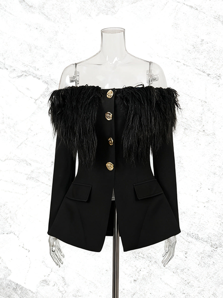 BLACK OFF-SHOULDER FEATHER BLAZER MINI DRESS
