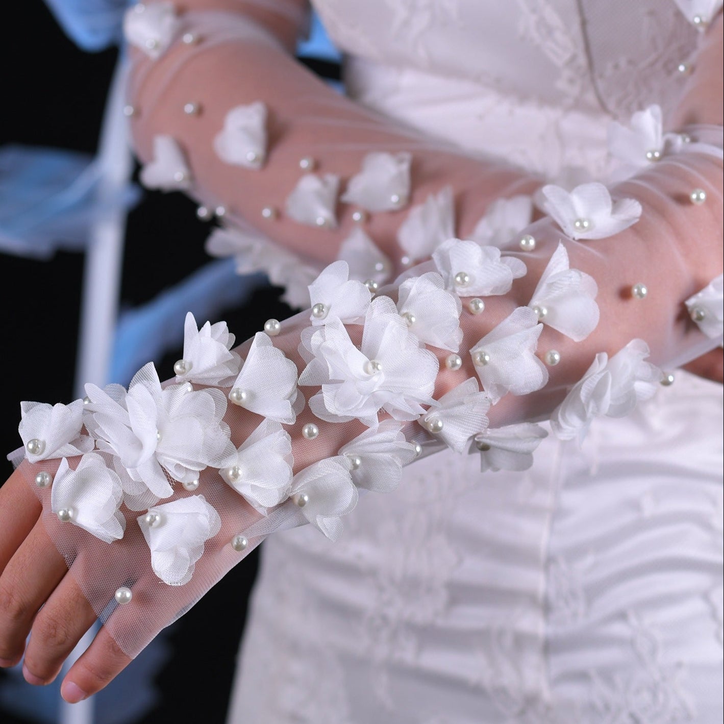 SHEER TULLE DETACHABLE SLEEVES, 3D FLOWERS & PEARLS