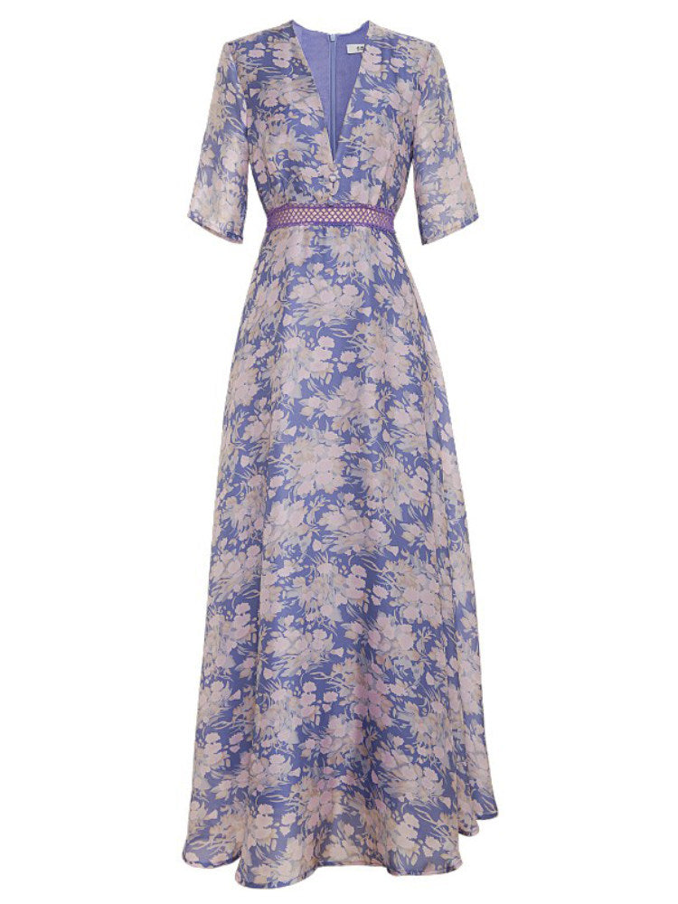 PURPLE FLORAL PRINT V-NECK MAXI DRESS FOR WEDDING