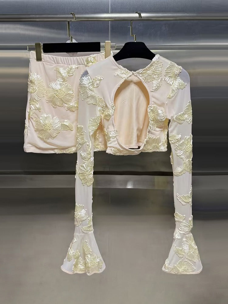 NEFERTITI APRICOT EMBROIDERED BACKLESS T-SHIRT SKIRT SET