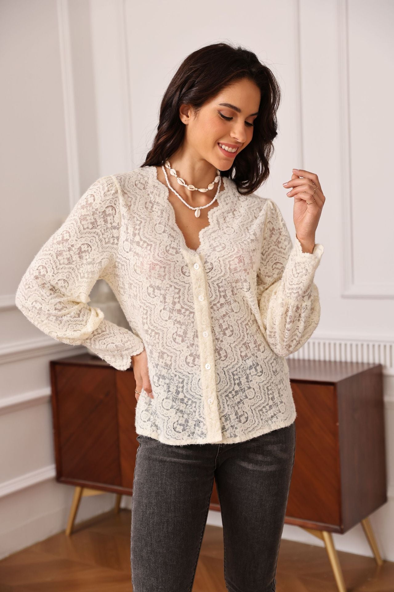 V-NECK LACE TOP, LONG SLEEVE, ELEGANT DATE NIGHT