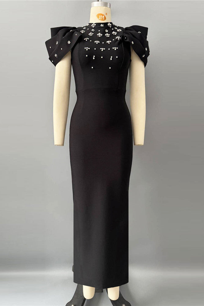 ROXANNE BLACK BODYCON GOWN CRYSTAL EVENING