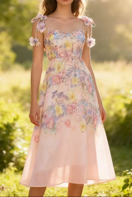 Pastel Floral Print Spaghetti Strap Midi Dress with 3D Flower Appliqué