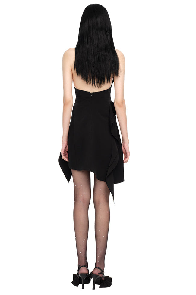 PHOENIX RUFFLED BACKLESS MINI BLACK DRESS