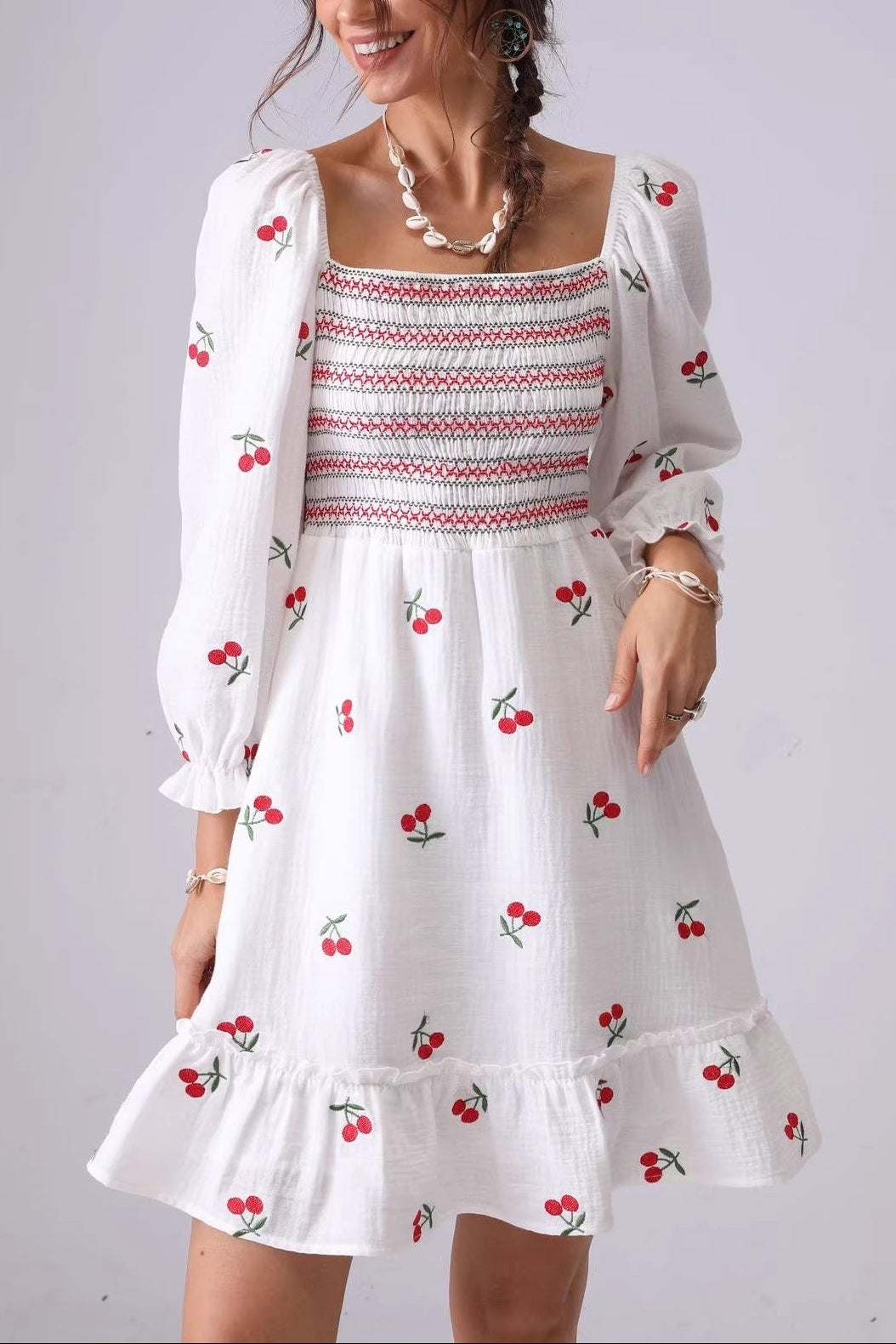 LONG SLEEVE GAUZE LOTUS SKIRT, OPEN BACK PRINTED MAXI