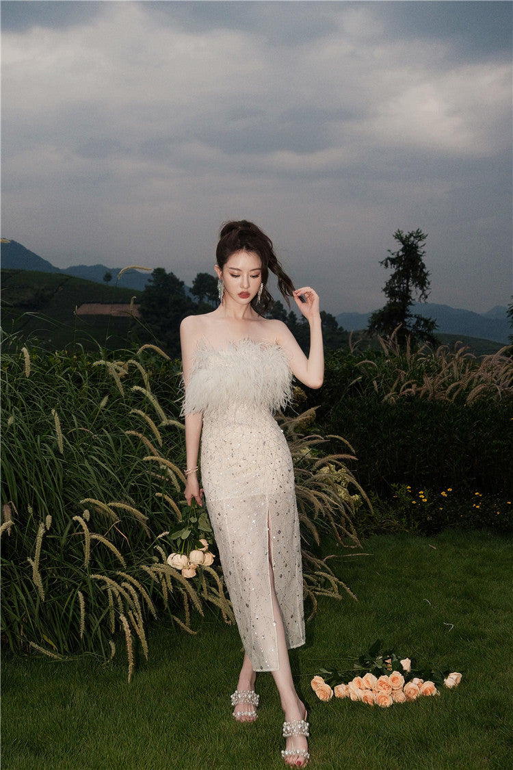 HAUTE COUTURE WHITE FEATHER SEQUIN DRESS