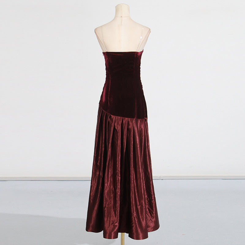 TIFFANY STRAPLESS SPLICING MAXI DRESS - BURGUNDY