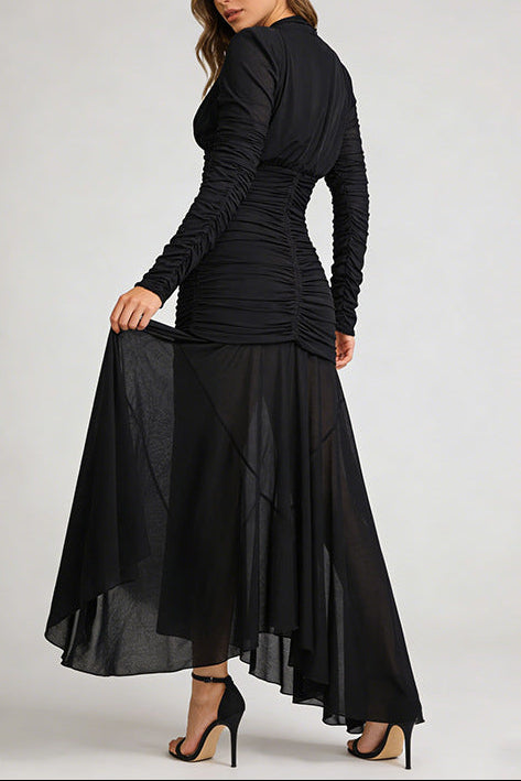 JOSEPHINE V-NECK RUCHED MAXI DRESS, BLACK