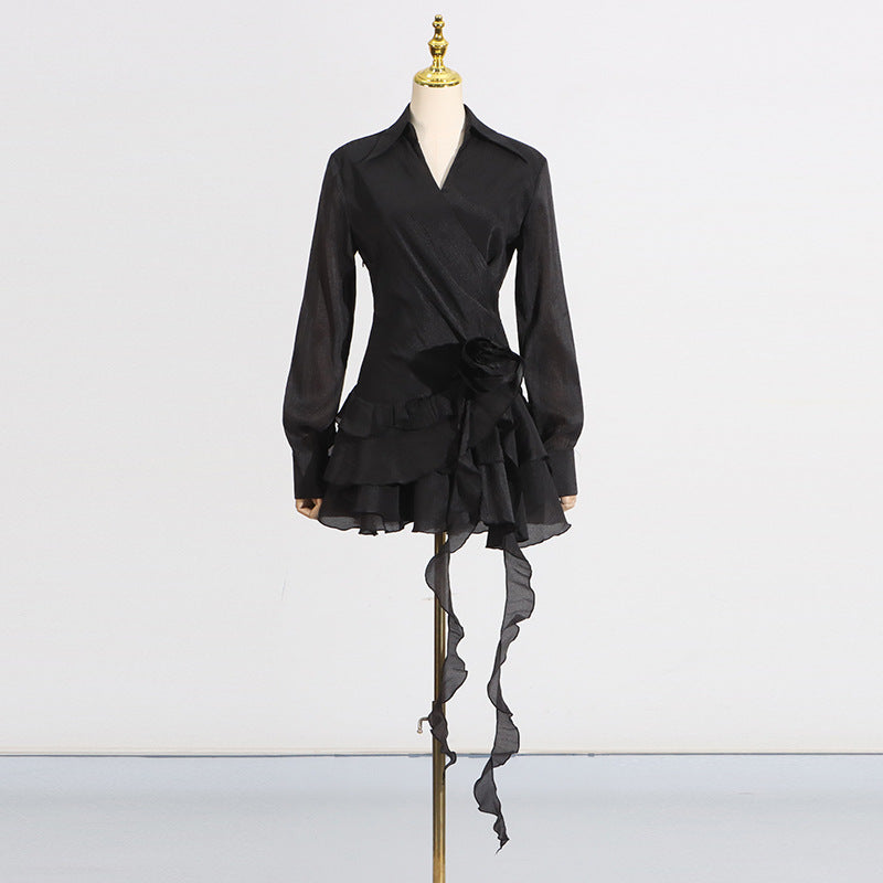 FLOWER RUFFLE RIBBON MINI DRESS, BLACK, PARTY