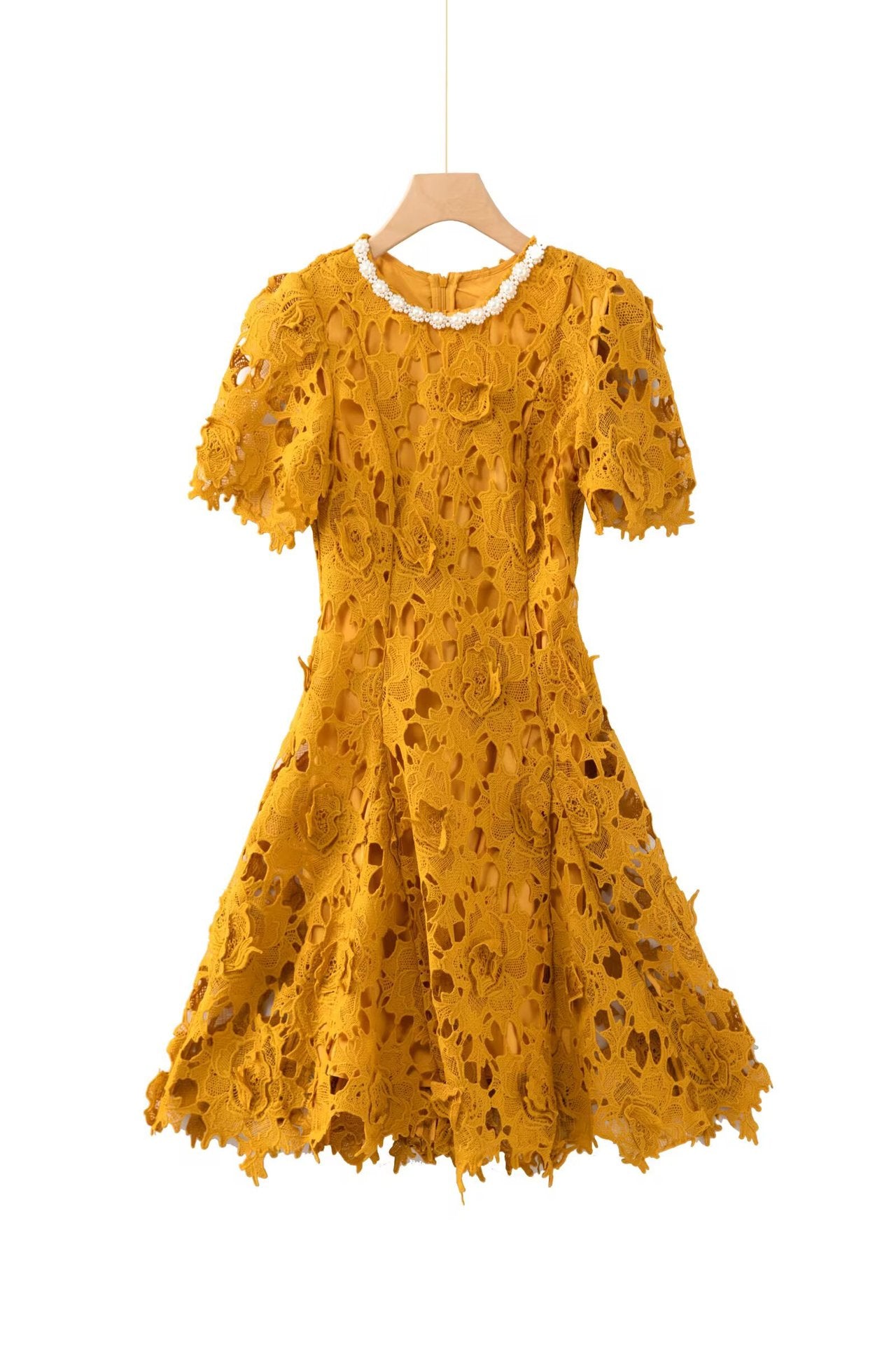 ORANGE BEADED CROCHET MINI DRESS, HOLLOW PARTY