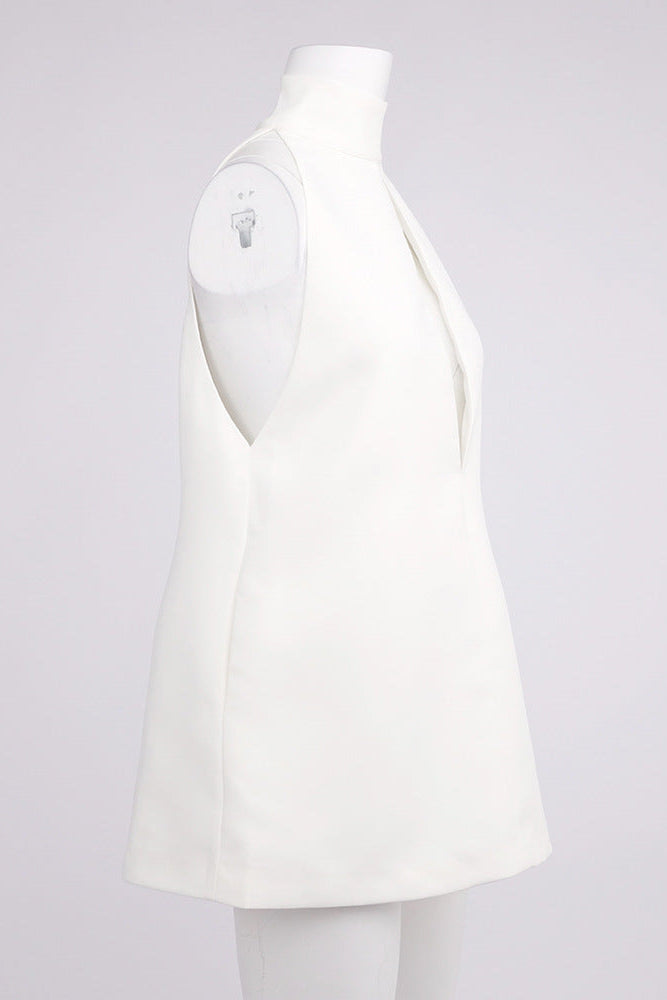V-NECK BACKLESS HALTER CREPE DRESS - WHITE
