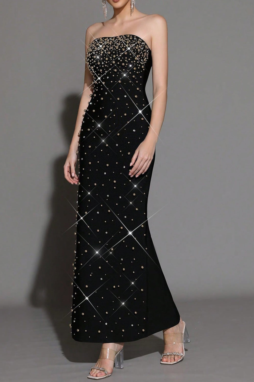 PEARL BEADED STRAPLESS BLACK MAXI DRESS, EVENING