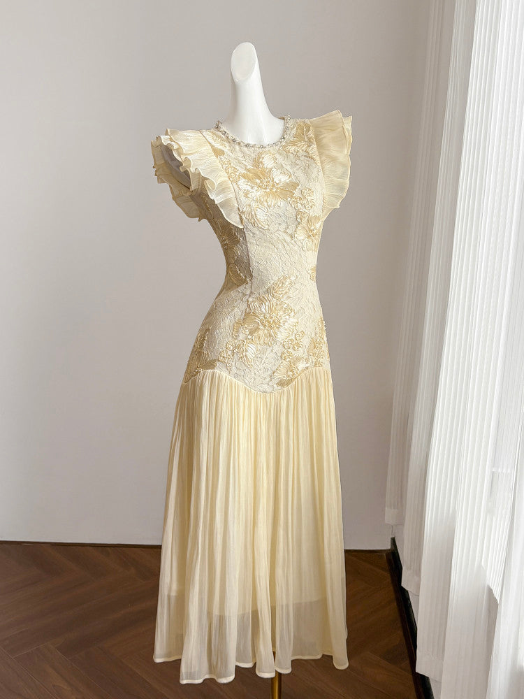 CREAM LACE MAXI DRESS WITH RUFFLED SLEEVES
