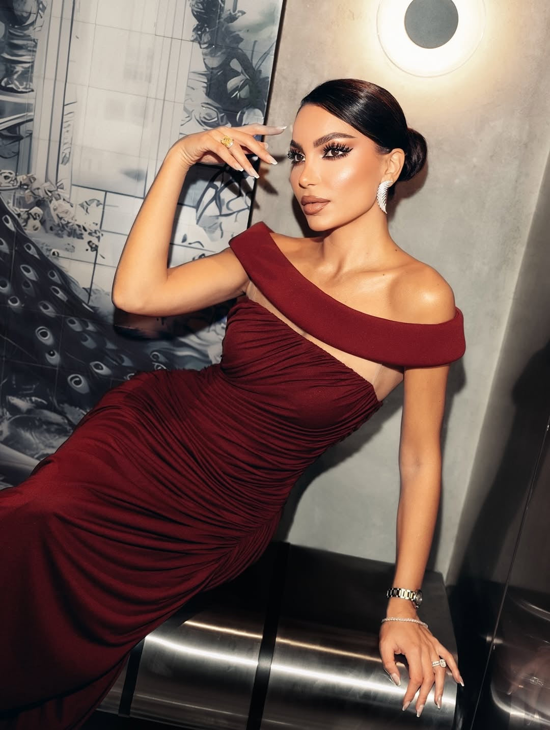 BURGUNDY OFF-SHOULDER ASYMMETRICAL DRAPED HIGH SLIT MAXI DRESS