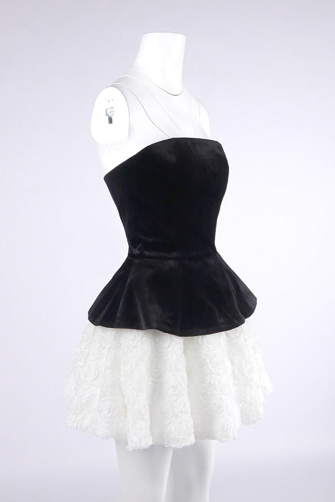 PETAL VELVET TOP & MINI SKIRT SUIT - BLACK/WHITE