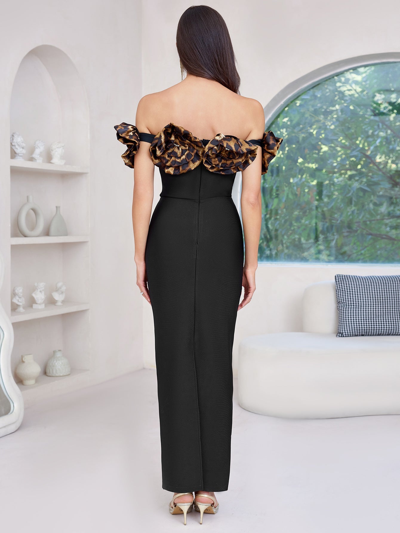 3D LEOPARD FLOWER BANDAGE MAXI DRESS, BLACK