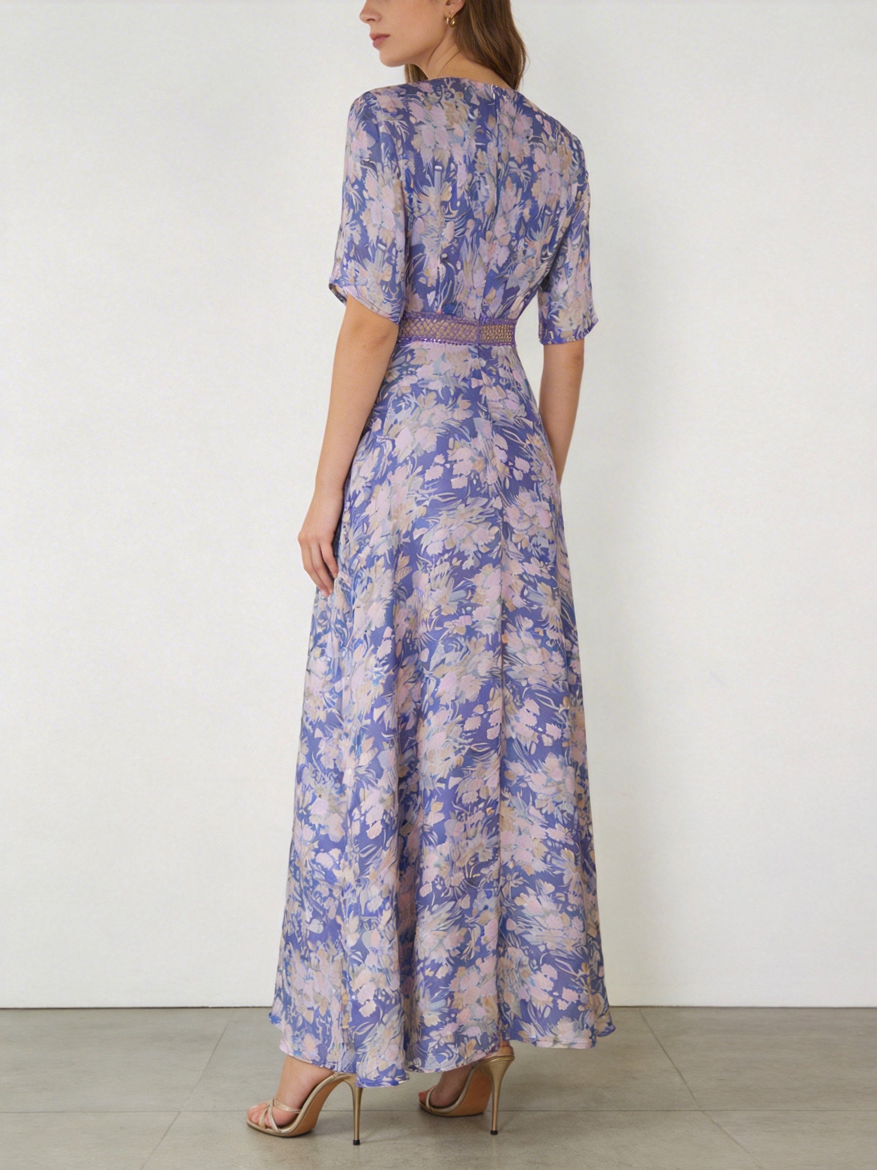 PURPLE FLORAL PRINT V-NECK MAXI DRESS FOR WEDDING