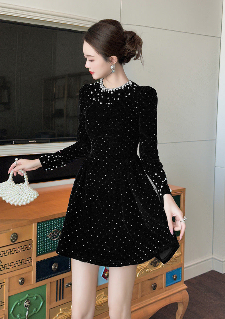 SHEILA BLACK BEADED RHINESTONE FLARED MINI COCKTAIL DRESS