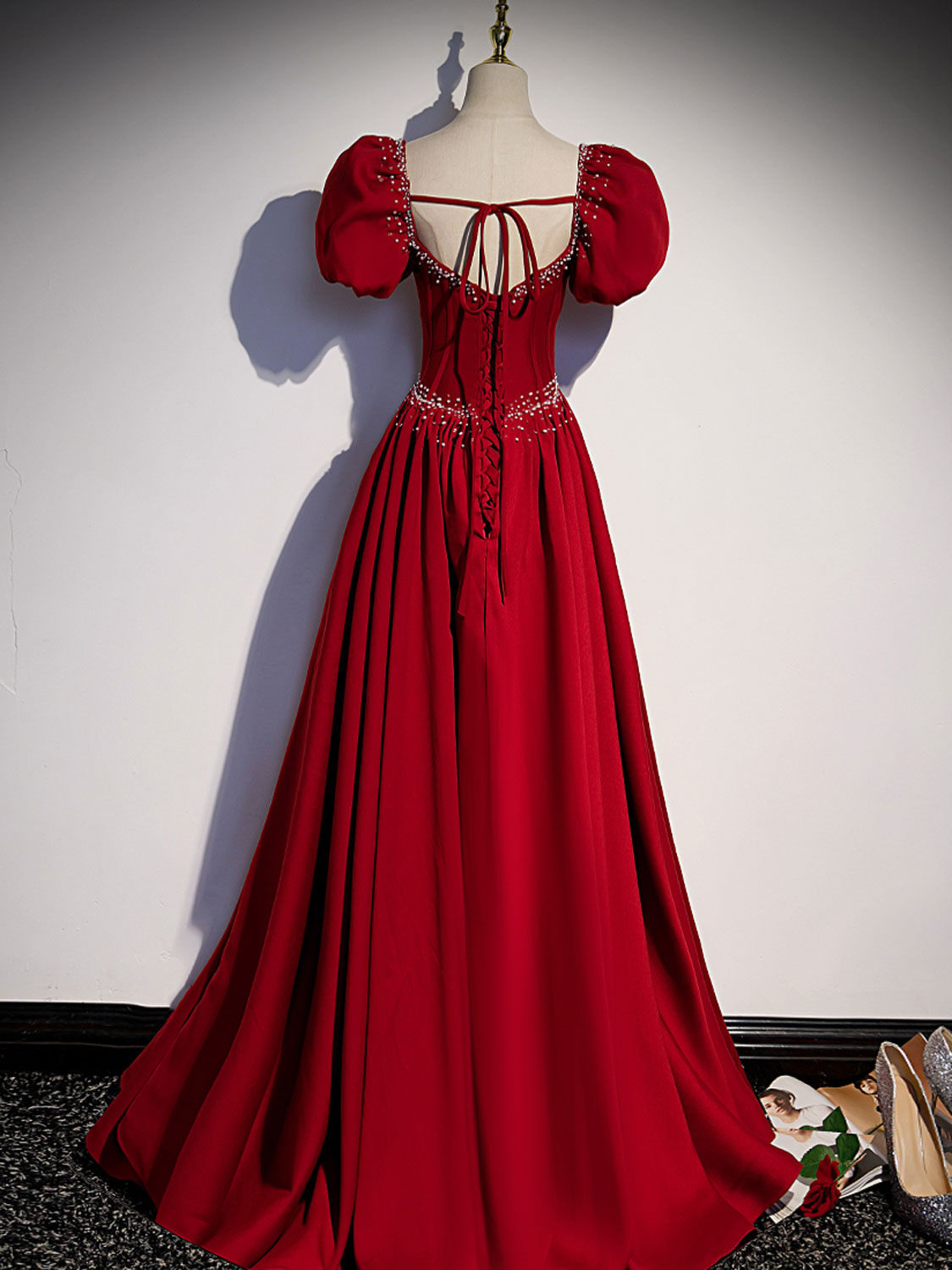 BURGUNDY SATIN A-LINE DRESS FOR EVENTS