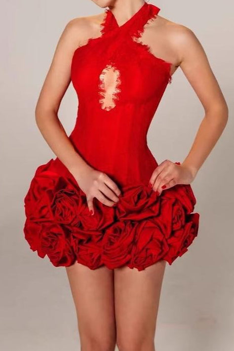 RED HALTER BANDAGE MINI DRESS FOR PARTY