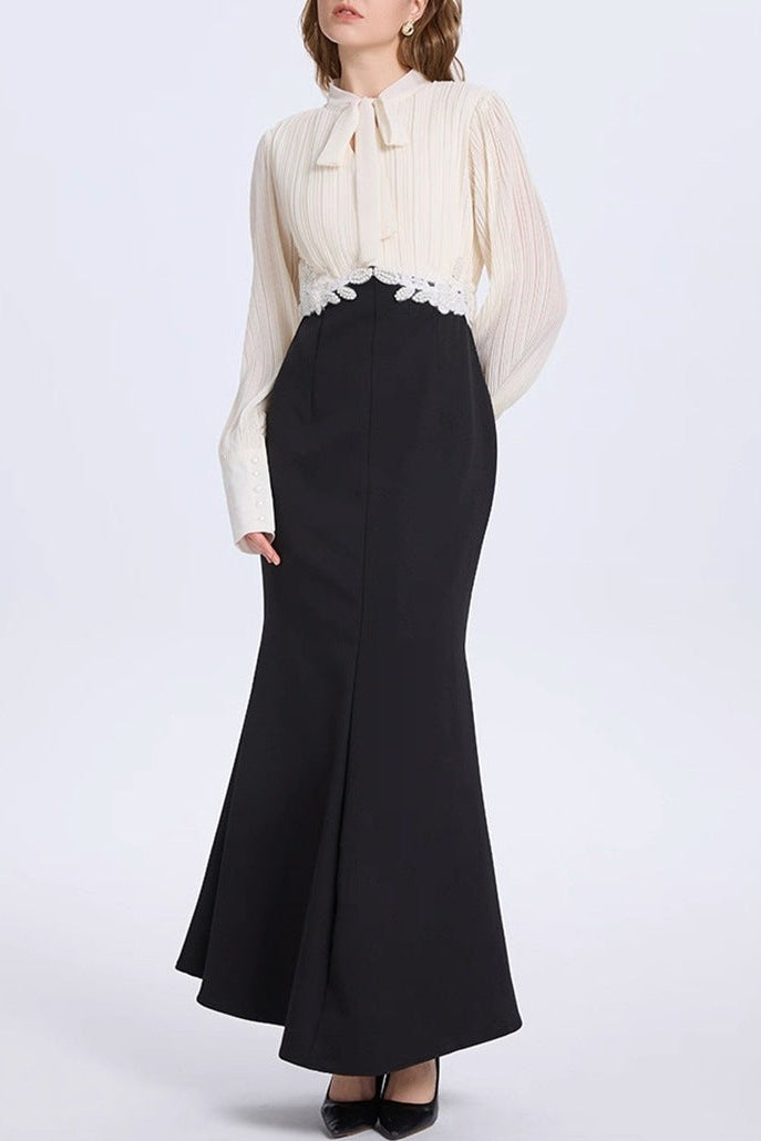 CARLIN BALLOON SLEEVE RUCHED MIDI DRESS - WHITE BLACK
