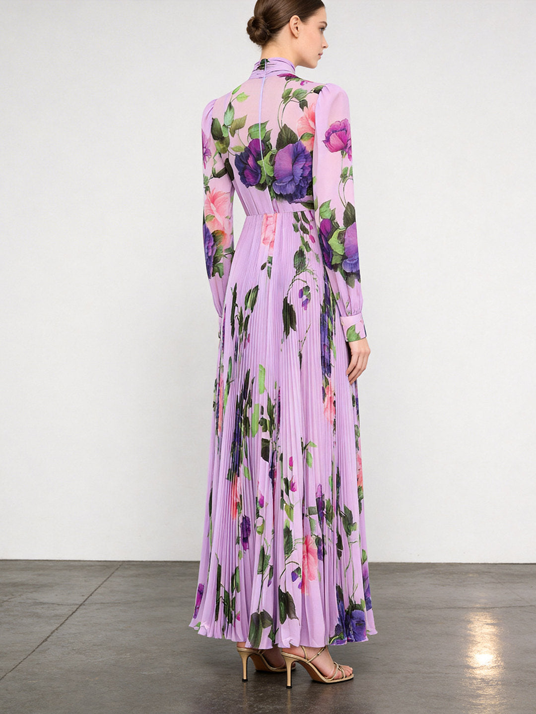 PURPLE FLORAL LONG SLEEVE PLEATED DRESS FOR WEDDING