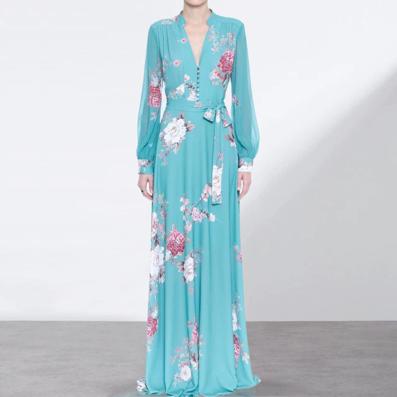 BLUE FLORAL V-NECK LONG SLEEVE MAXI DRESS