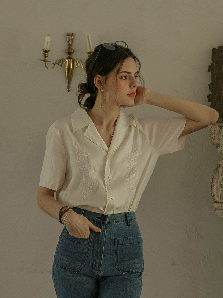 WHITE LACE EMBROIDERED SHORT SLEEVE TOP FOR WEDDING