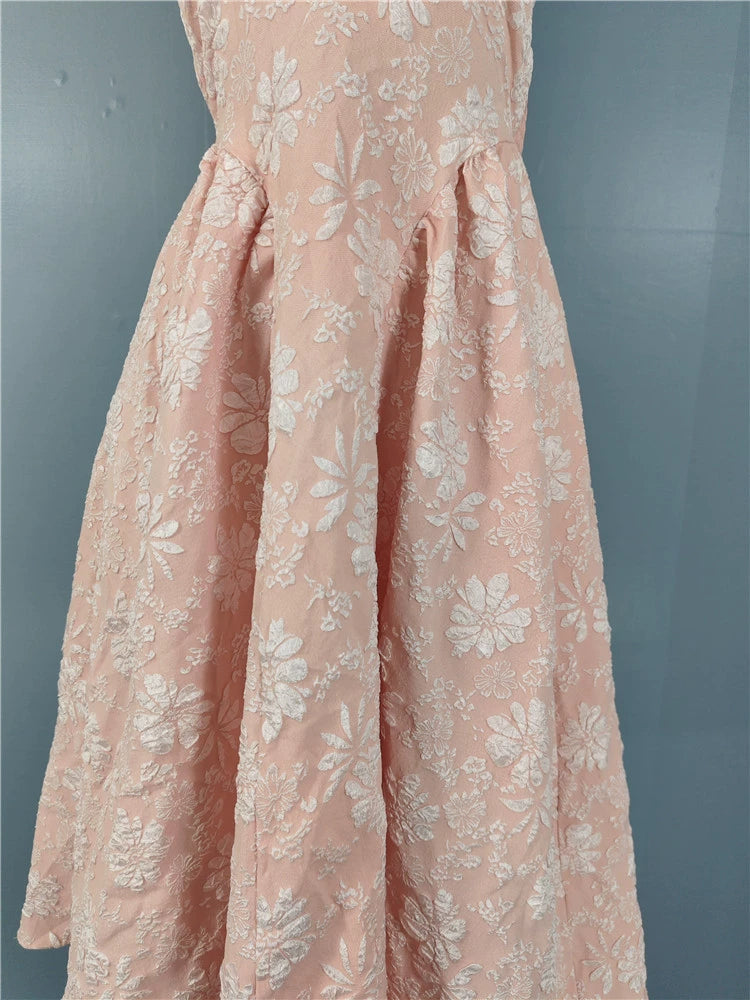 PINK JACQUARD HALTERNECK OPEN BACK SWING MIDI DRESS