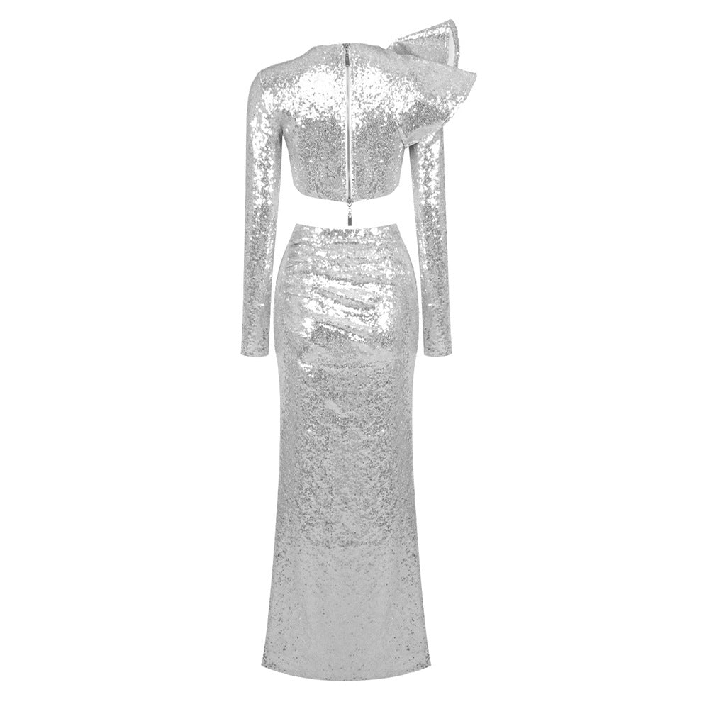 SILVER CROP TOP DRAPE SKIRT SET – PARTY OUTFIT