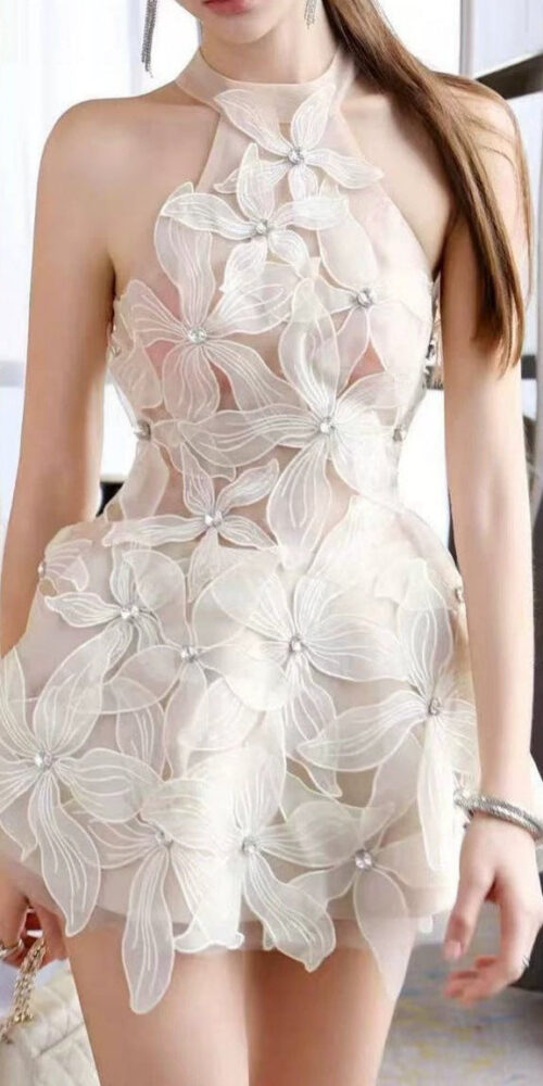 Halter 3D Floral Rhinestone Sheer Mini Dress Halter 3D Floral Rhinestone Sheer Mini Dress