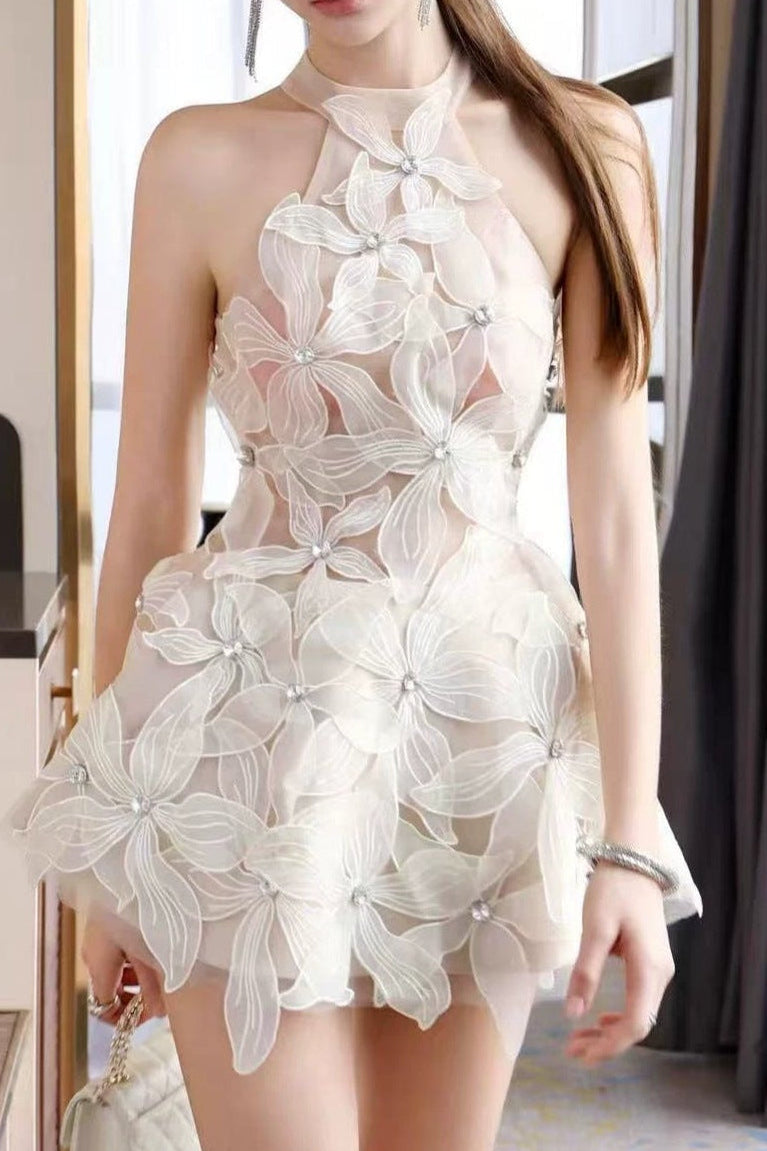 Halter 3D Floral Rhinestone Sheer Mini Dress