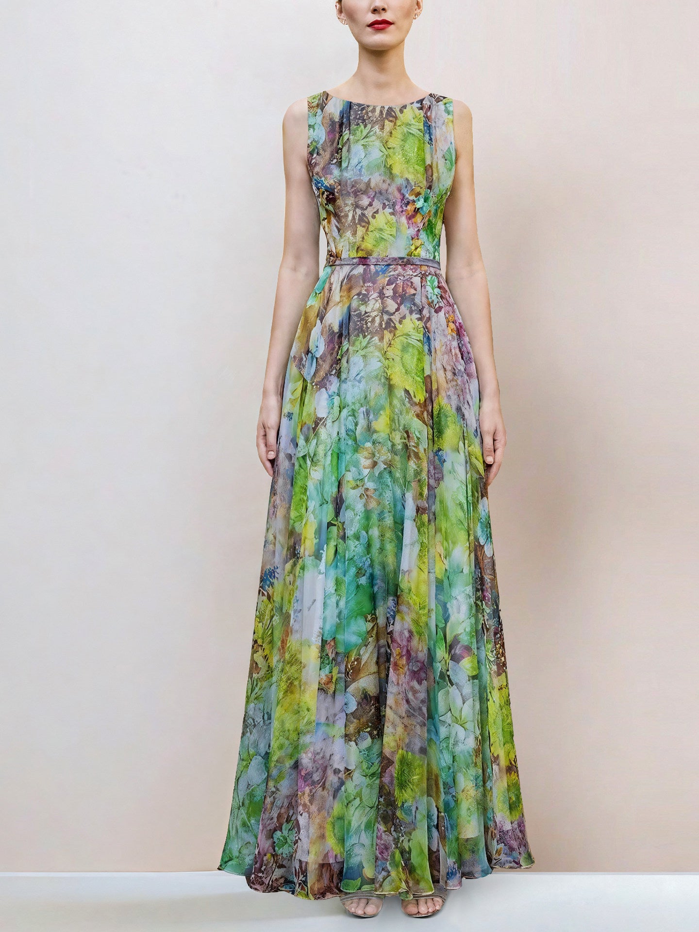GREEN FLORAL SLEEVELESS SWING MAXI DRESS