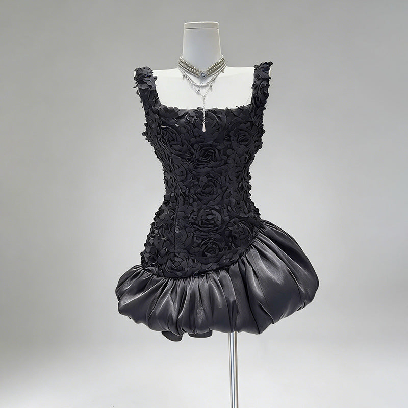 JOCELYN PUFFY MINI DRESS WITH FLOWER EMBELLISHMENT